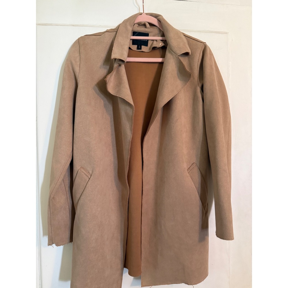 Buckle Black Tan Faux Suede Open Front Trench Coat Jacket Womens‎ Small Camel